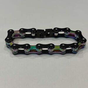 Black and Rainbow Bike Chain Bracelet with Clear Stones
